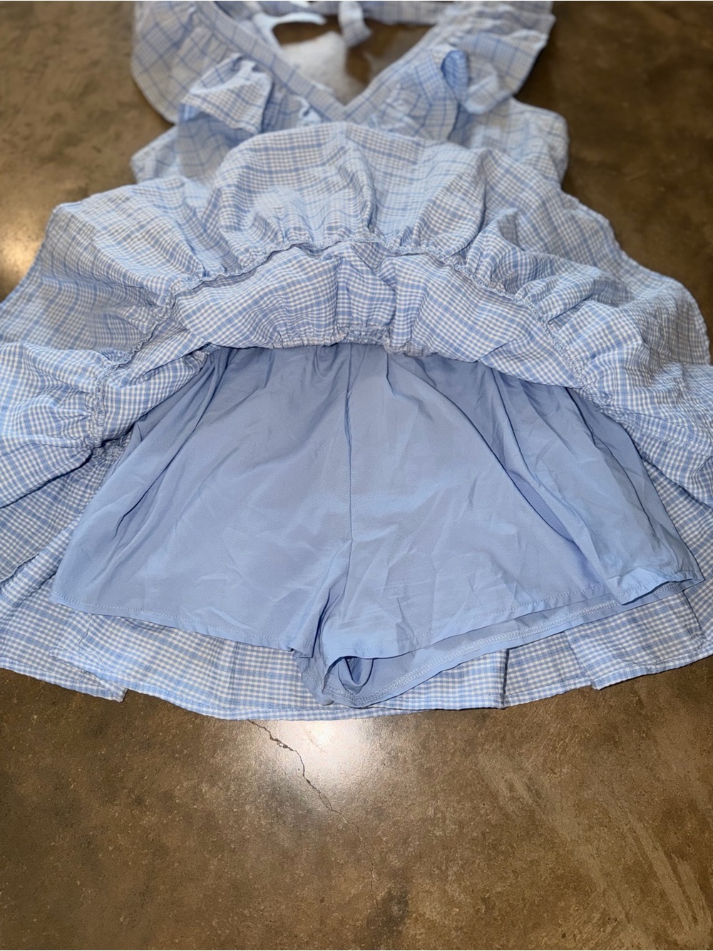 Day + Moon Blue Gingham Ruffle Romper Dress Style Smocked Tie Back Size L - Picture 3 of 10